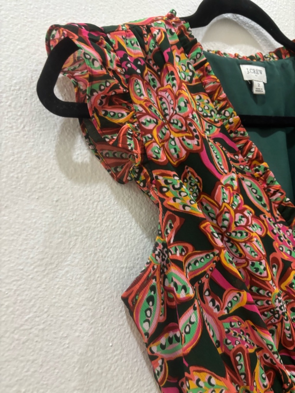 J. Crew Paisley Midi Dress ruffle tired summer boho size 2 Green red pink fun - Picture 4 of 14